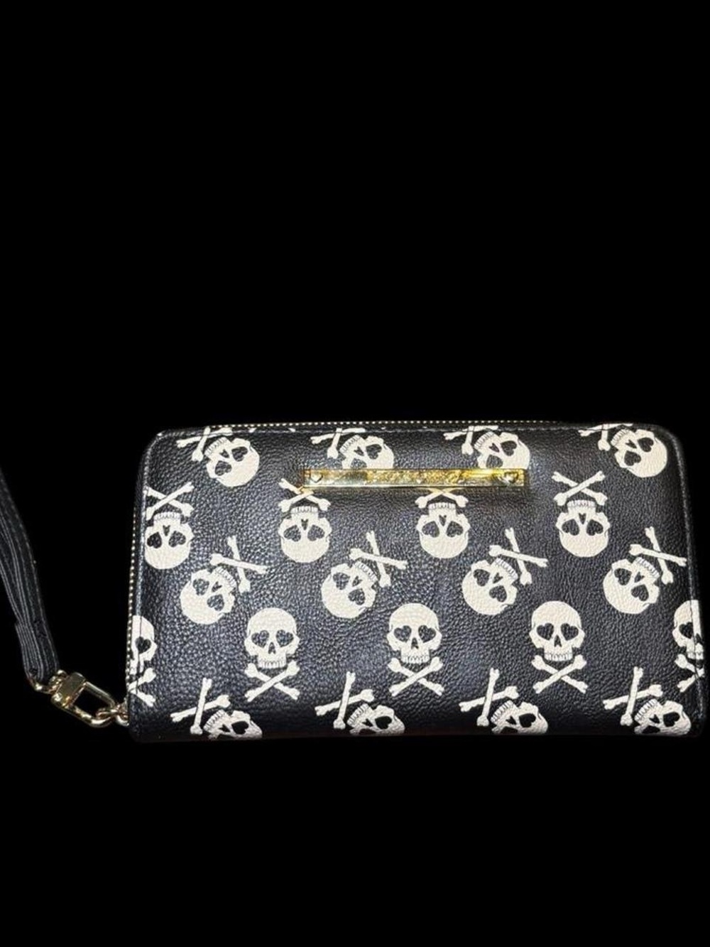 Betsey Johnson Black Wallet with White Skull Print and Gold Accent